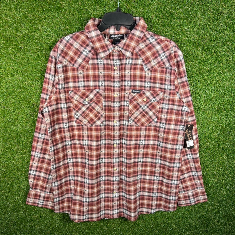 Wrangler Retro Mens Medium Rust Plaid Southwestern Western Snap Shirt 112339451